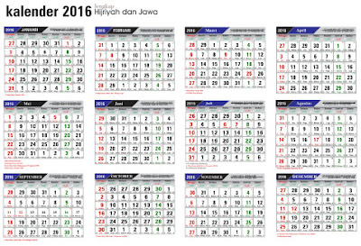 Download Kalender 2016 Lengkap Hijriyah dan Jawa serta Hari Libur Nasional