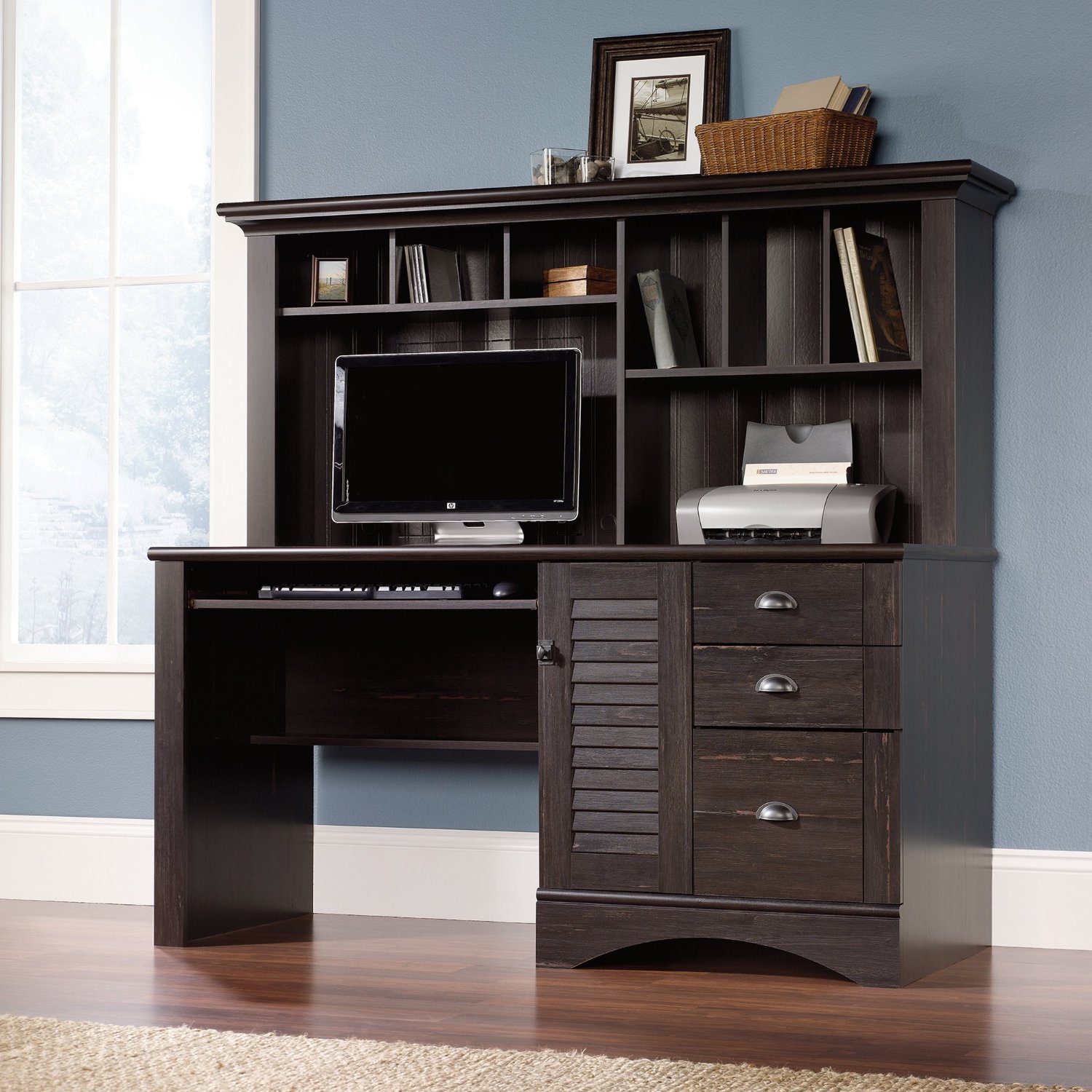 Wood Home Office Computer Desk With File Drawer Extra Storage Hutch