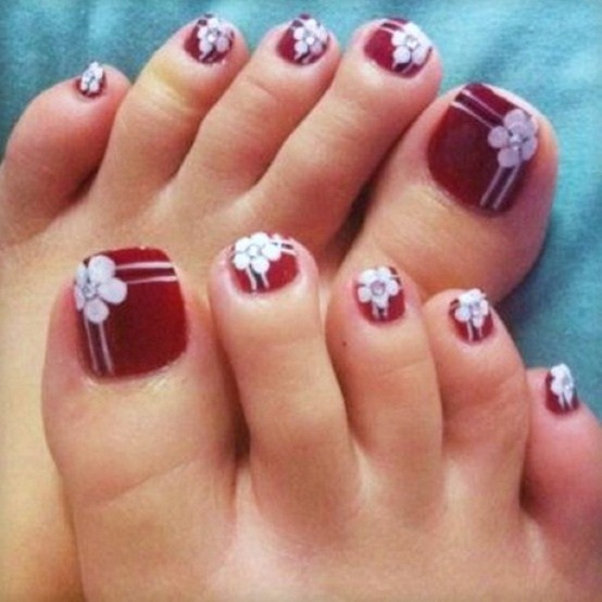 Cute Red Nails with White Flowers