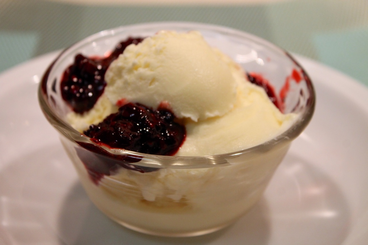 Cook In / Dine Out Sweet Corn Ice Cream with Blackberry Sauce