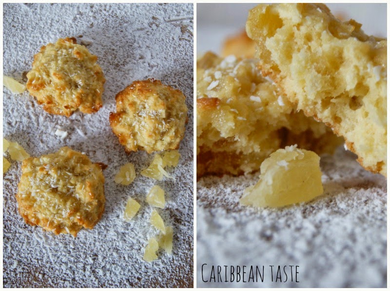 Karibische Früchteplätzchen mit Kokos und kandierter Ananas. Caribbean cookies with coco and glacé pineaplle.