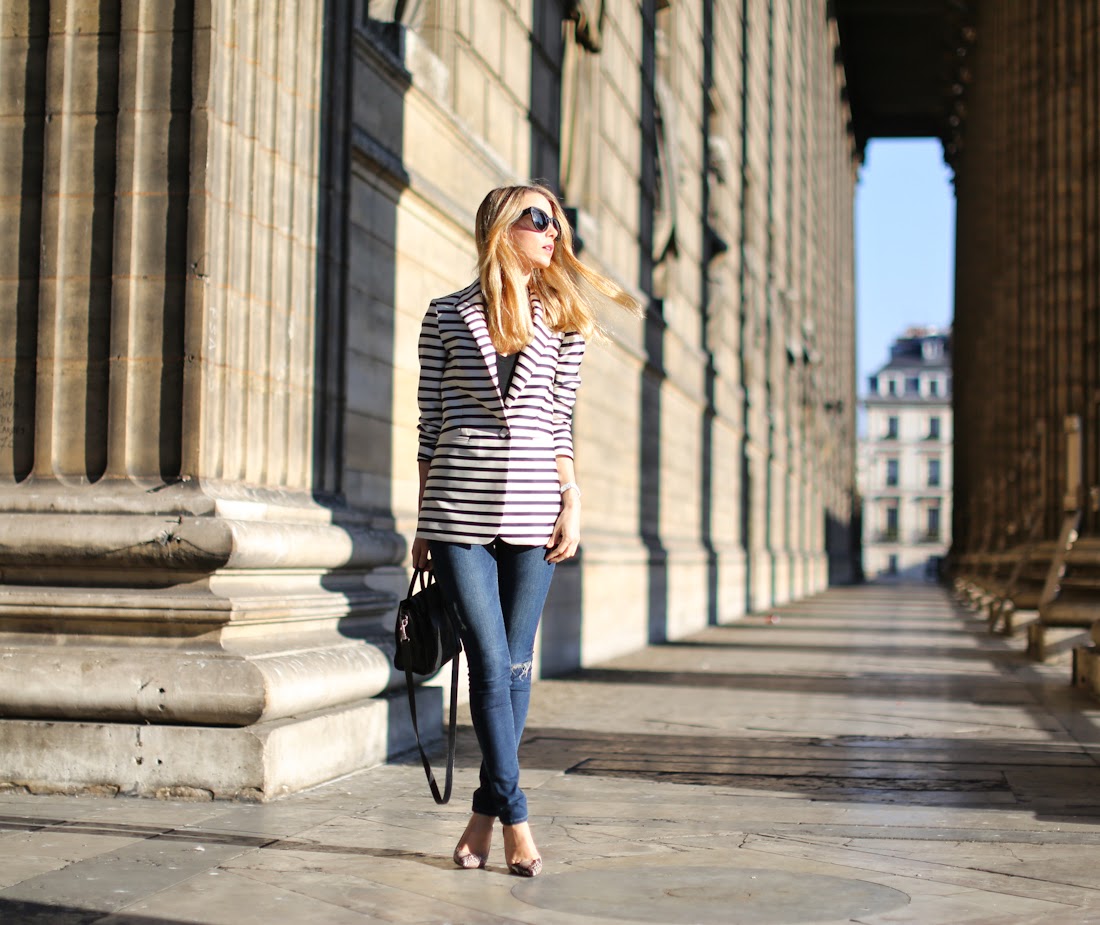 pardonmyobsession &otherstories, striped jacket, zara, python shoes, céline nano, ripped jeans, frame denim, paris, streetstyle, fashion blogger