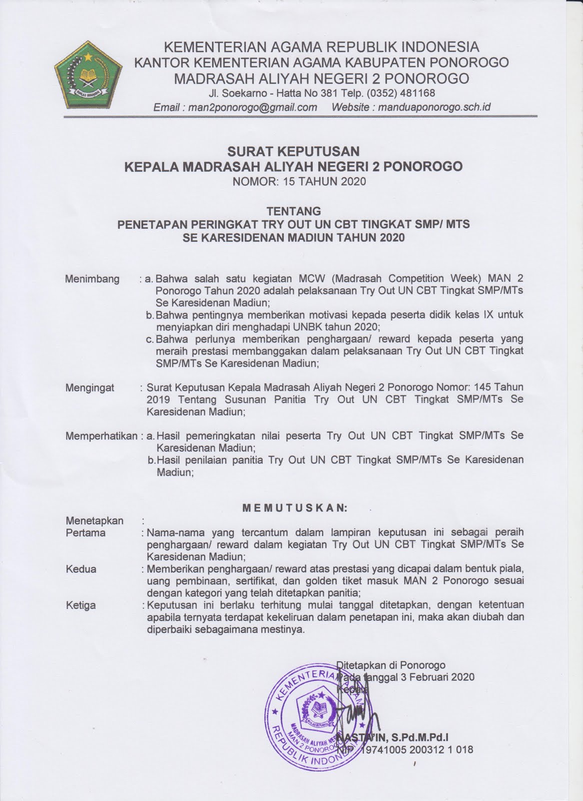 Hasil Tryout UN CBT Tingkat SMP/MTs Se-Karesidenan Madiun