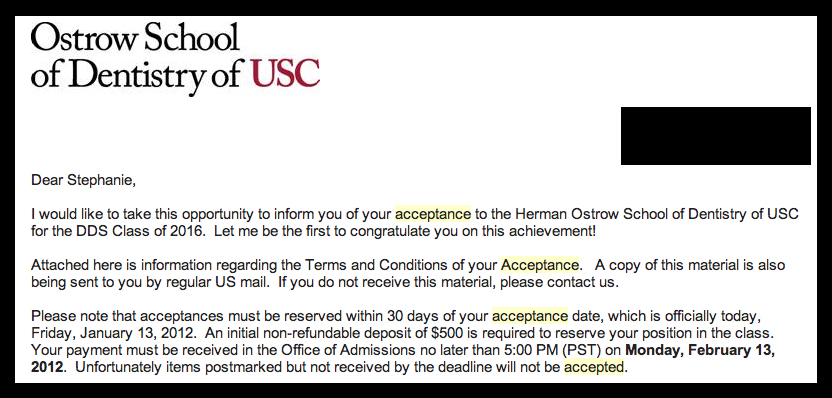 usc ostrow school of dentistry class of 2016 mirror and explorer usc acceptance letter