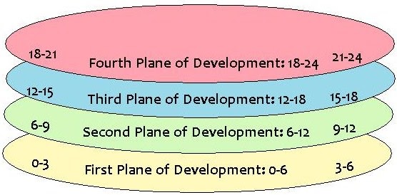 four planes of development The four planes of development were used by maria montessori to describe the path of development that every child follows, from birth to adulthood. four planes of development The four planes of development were used by maria montessori to describe the path of development that every child follows, from birth to adulthood.