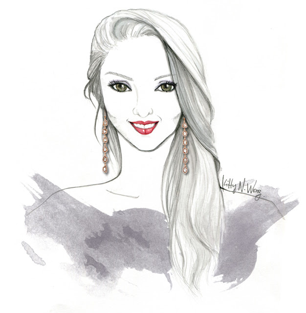 Pencil illustration of Payal Shah of L'Dezen Jewellery wearing long flowing hair and sliced diamond earrings