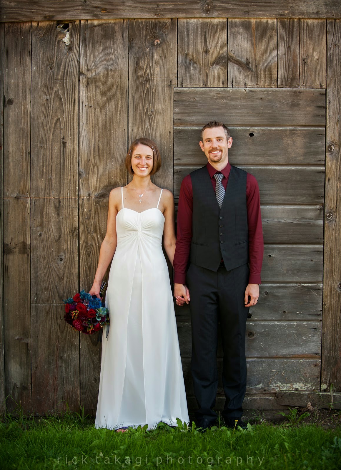 Mr. and Mrs. rustin barn photo - Rick Takagi Photography Ashley and Aaron in the wedding outfits - Patricia Stimac, Seattle Wedding Officiant