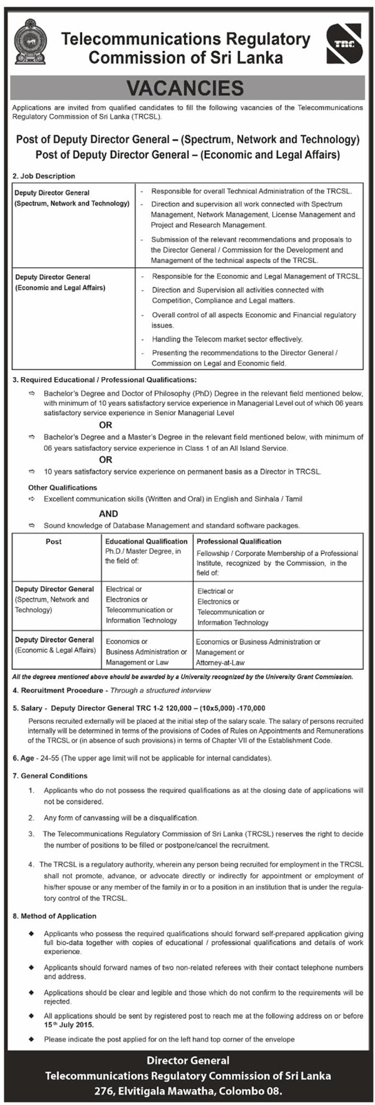 Sri Lanka Job Network jobs/vacancies Deputy Director General