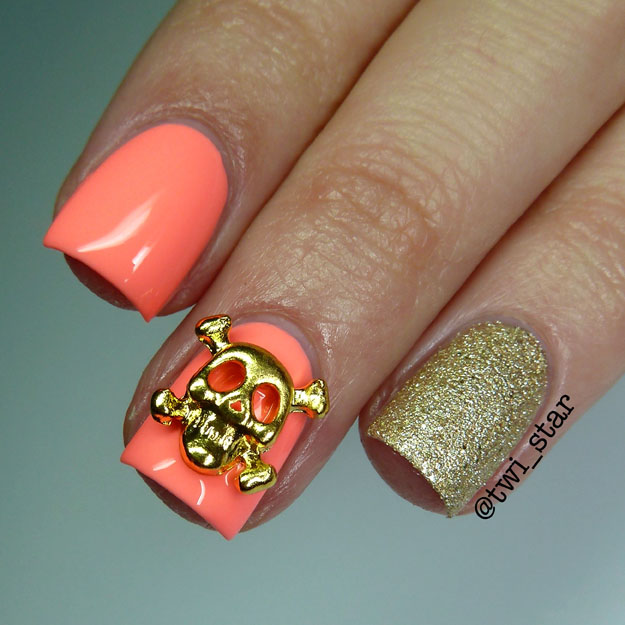 Gold Skull nail art charm OPI Honey Ryder Gold Neon Peach