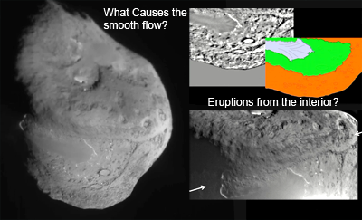 Comet Tempel-1’s surface shows smooth areas and craters. NASA, 2005.