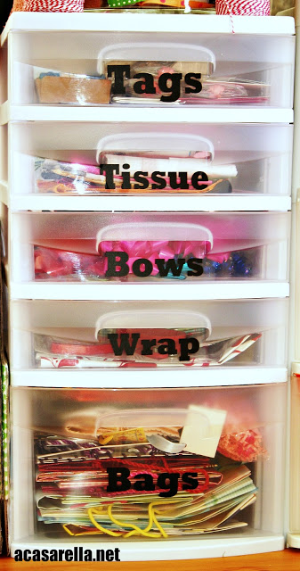 Use plastic drawer to keep your gift wrap paraphernalia under wraps:: OrganizingMadeFun.com