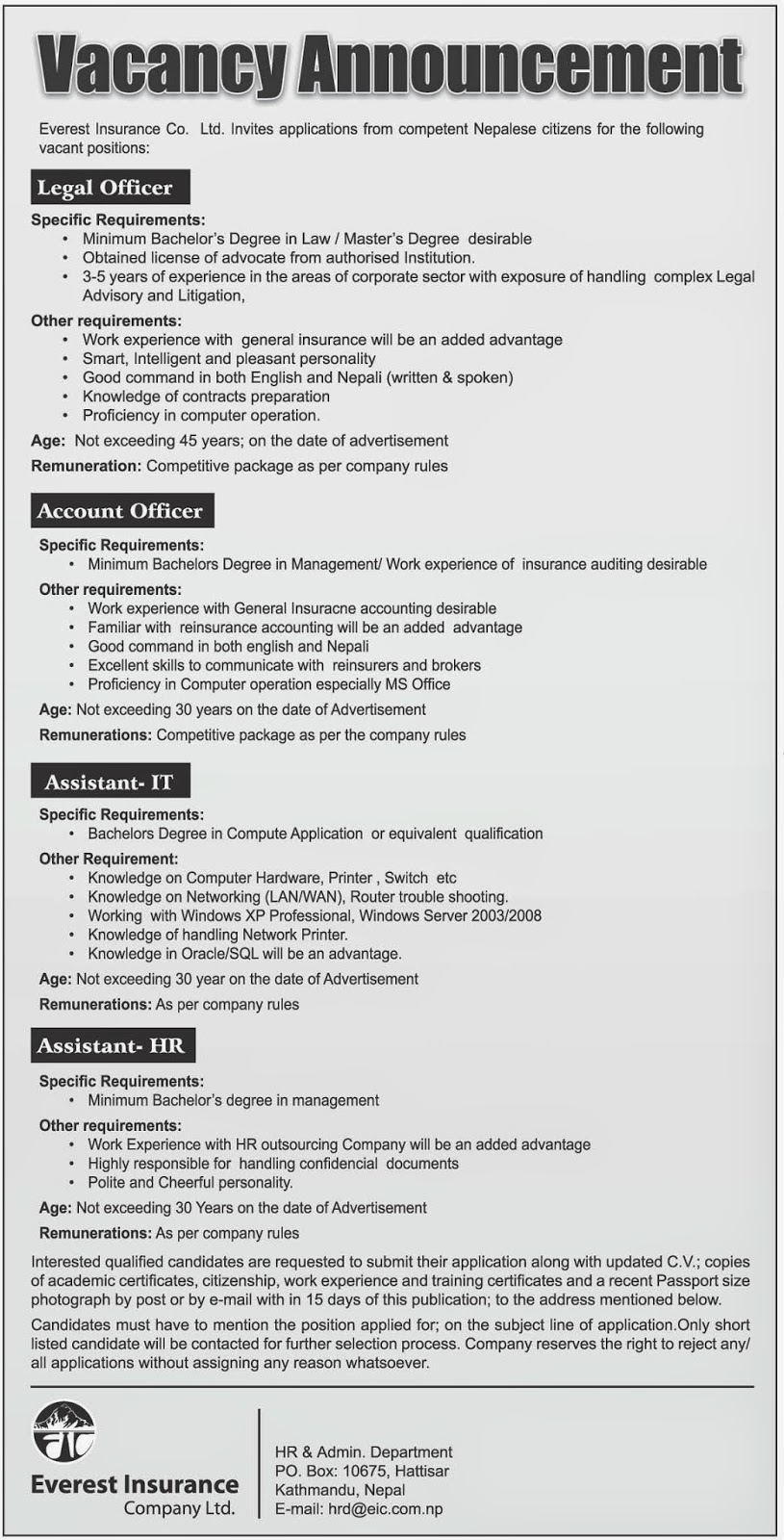 Career in Insurance :Vacancy announcement from Everest Insurance