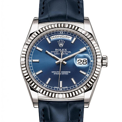 Rolex New Day-Date white gold, fluted bezel, blue dial and leather strap