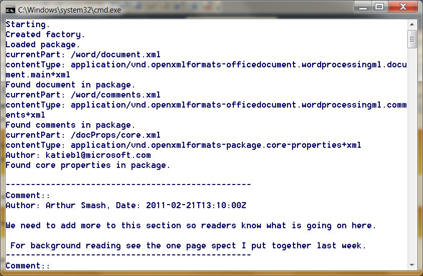 travelmarx c console application to get comments from a microsoft word document content type