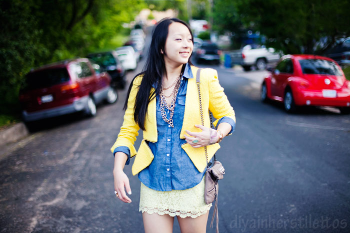 yellow zipper zara tweed jacket, forever 21 chambray shirt, zara yellow lace skirt, rebecca minkoff studded bag, zara ss2012 shoes, austin street style, austin fashion blog, texas style blog, diya liu