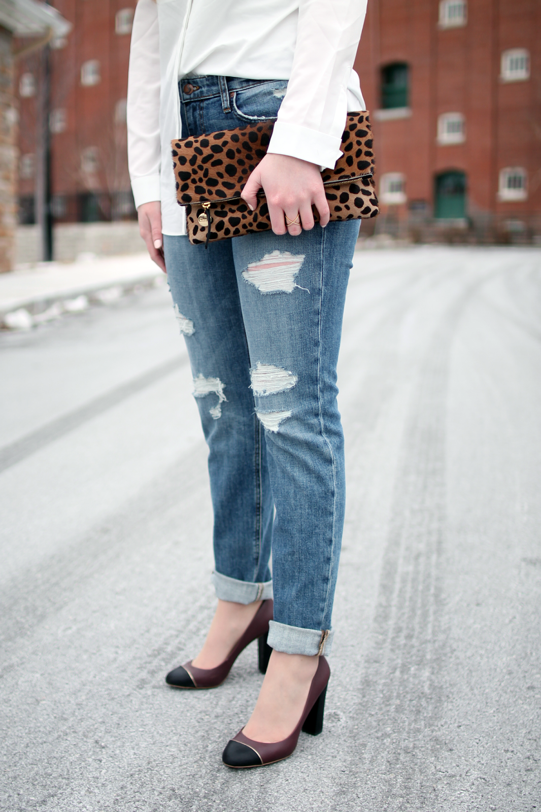 TopShop x Nordstrom pleated yoke shirt, joes destroyed slouch slim jeans, boston style blog, boston blogger, fashion blogger style, jcrew color black heels, clare v foldover clutch