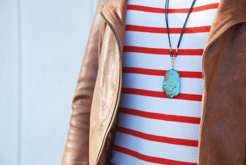 striped shirt and turquoise striped shirt, leather jacket, turquoise necklace