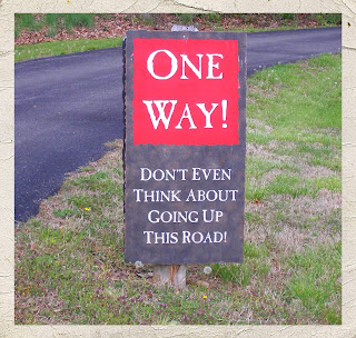 Sign reading "One Way! Don't even think about going up this road!"