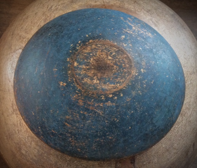Vintage Wood Bowl - New Blue Paint, aged and distressed, 9" Diameter