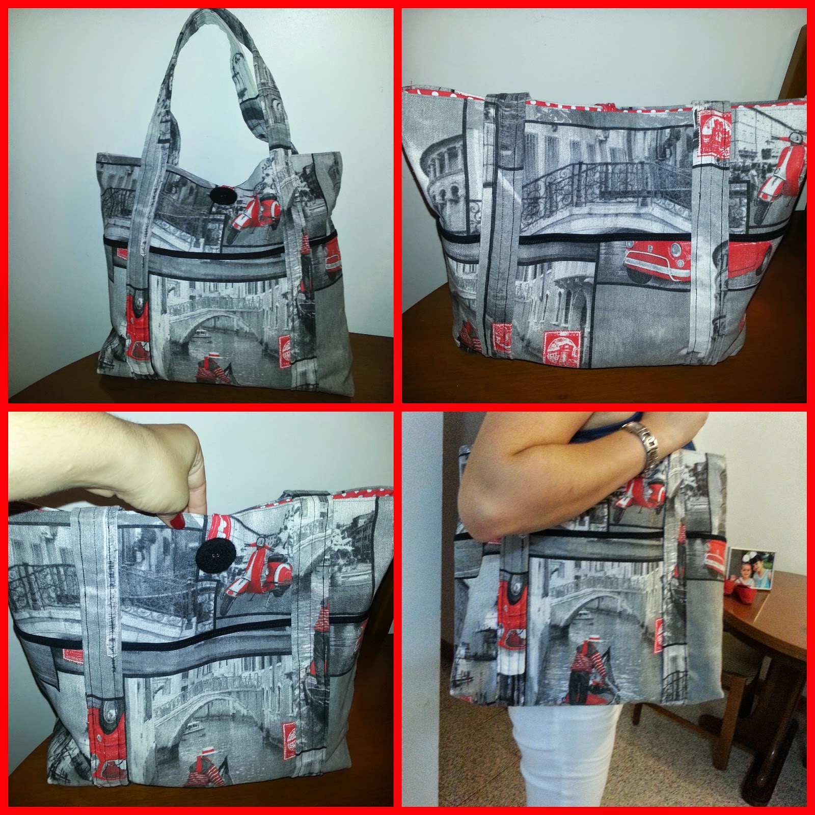 El bolso lo hice sin patrón, porque como véis no tiene mucha complejidad. Dos rectángulos para la base y otro dos para hacer los bolsillo,