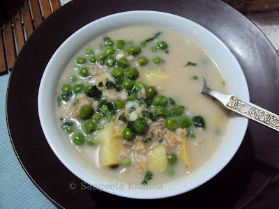 pearl barley and green peas soup in a coconut milk broth...