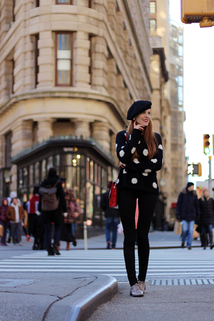 NYC Fashion Blogger outfit with fluffy polka dot sweater, brogues and a beret