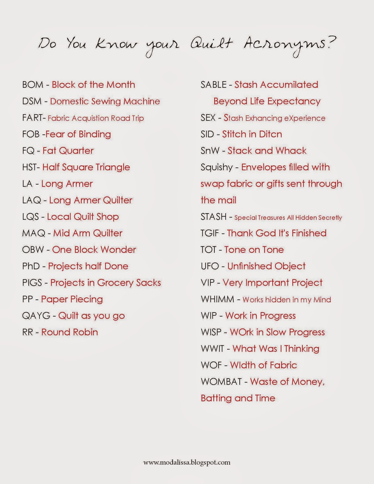 Moda Lissa Quilt Acronyms