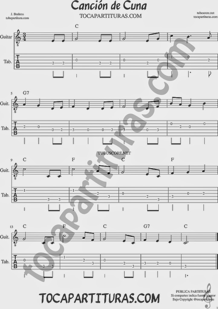 diegosax: Canción de Cuna de J. Brahms Tablatura y Partitura del Punteo
