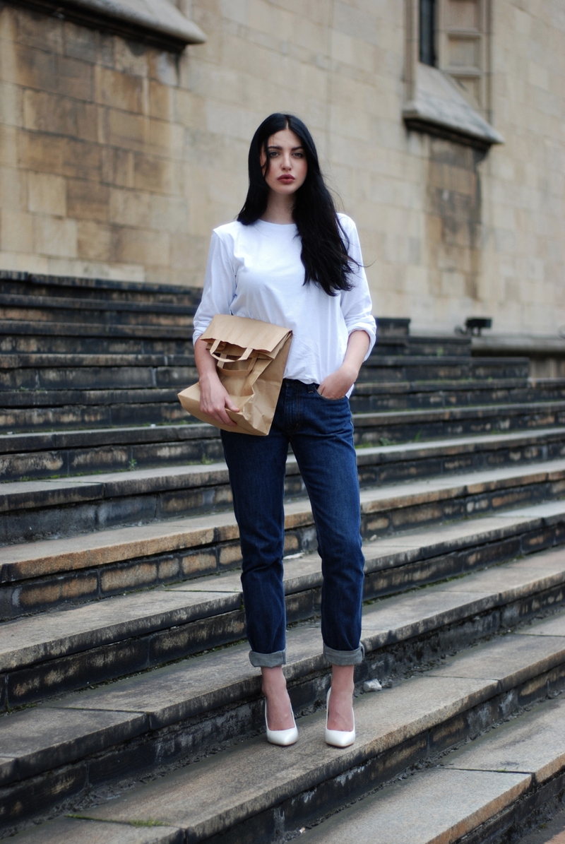 Aldo heels, Acne jeans, Zara blouse, BLACKBOW jacket, paper bag