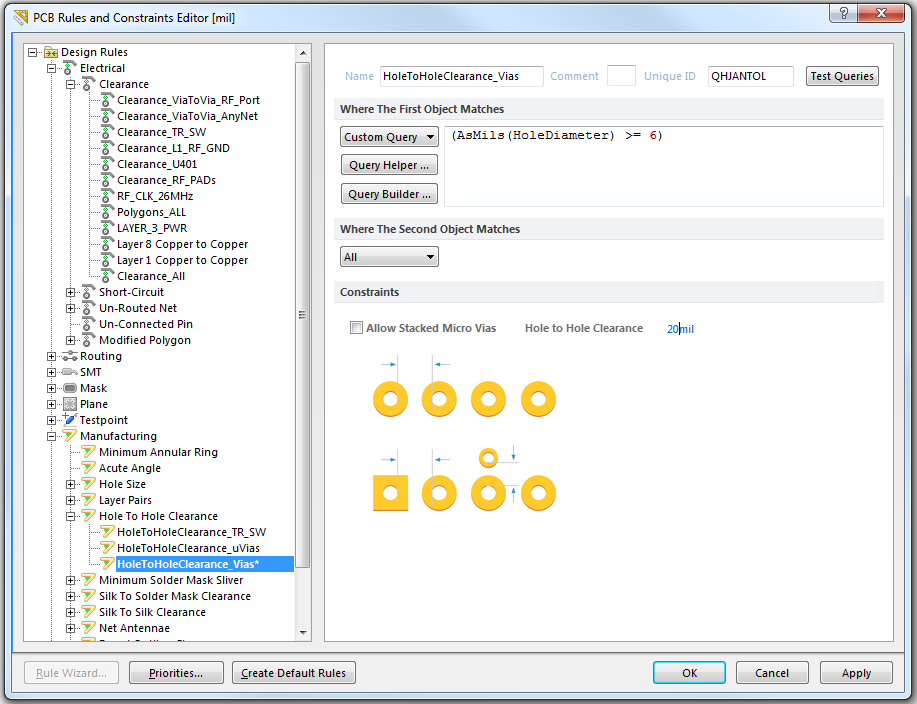 Altium PCB Designer Hole to Hole Clearance Rules