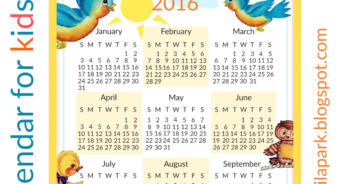Free printable 2016 calendar for kids - ausdruckbarer Kalender