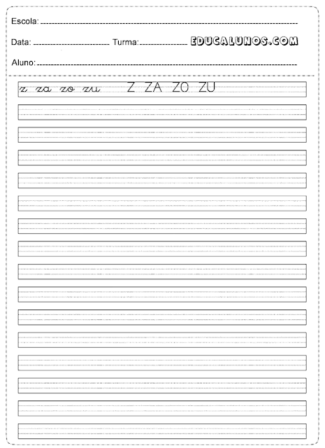 Atividades de caligrafia: z, za, ze, zi, zo, zu