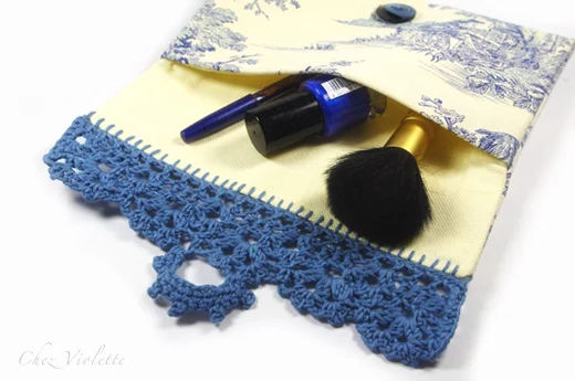 French toile bag cosmetic pouch edging crochet lace by Chez Violette