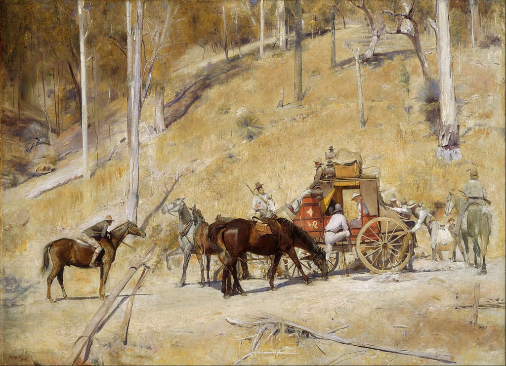 Artworks about bushrangers Bailed Up 1895 painting by Australian artist Tom Roberts.