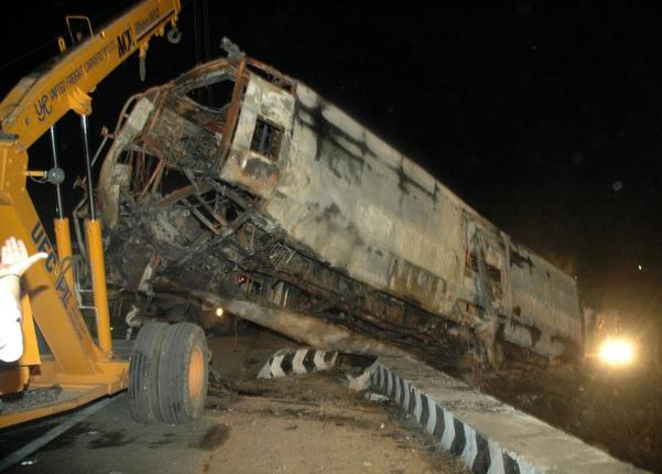 The charred remains of a private bus that caught fire after it overturned at Avalur, near Kaveripakkam, on the Chennai-Bangalore national highway late on Tuesday (07-June-2011) night The-remains-of-the-Ill-fated-bus-that-was-involved-in-an-accident-on-the-Chennai-Banglore-National-Highway-near-Kaveripakkam-on-Tuesday-night-07-June-2011