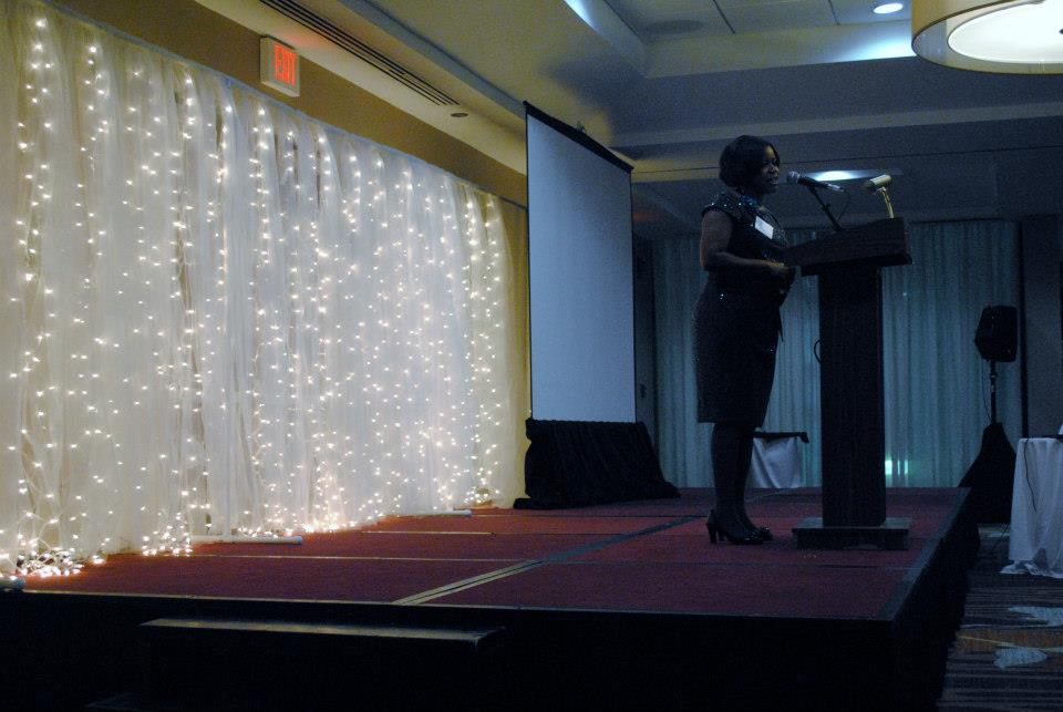 The Handcrafted Life Charity Event Decor Success And This Is How It Turned Out With Our Tulle Le Light Stage Backdrop To Focus Everyone S Attention Away From The Boring Beige Walls