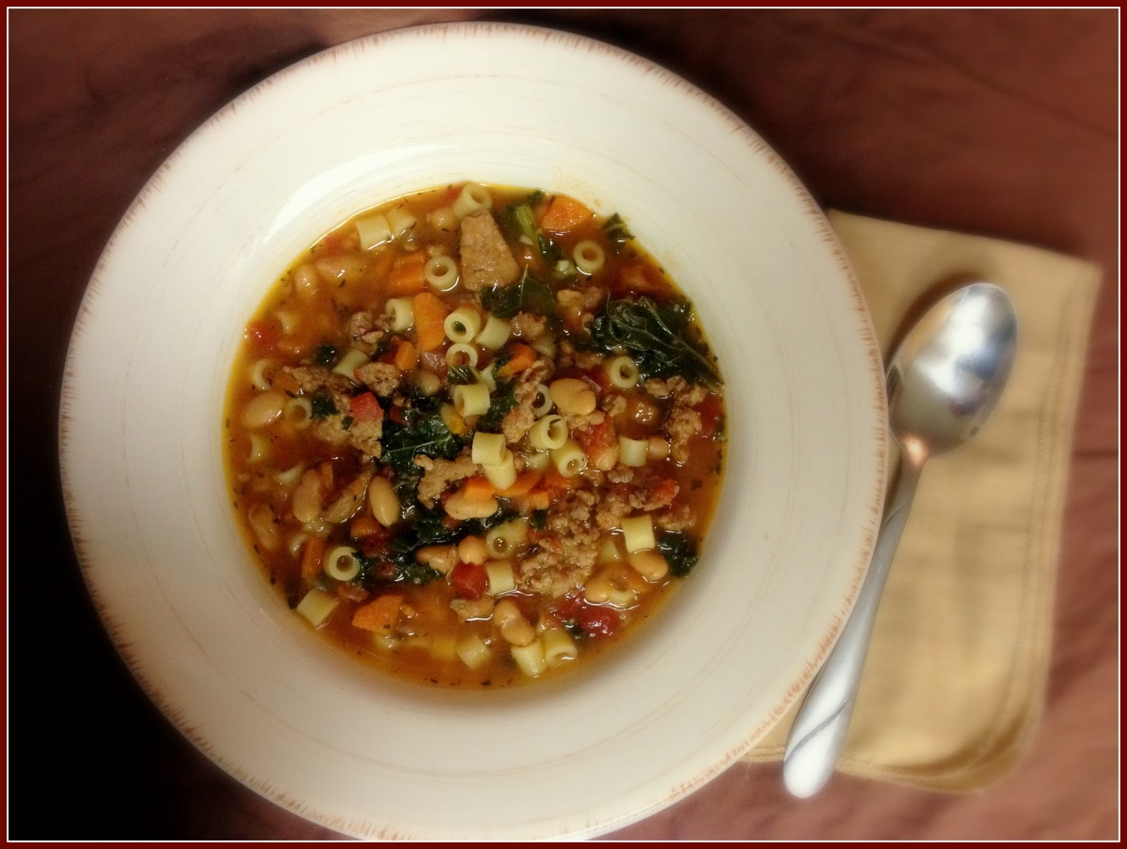 KitchenJoy {Slow Cooker} Sausage and Bean Soup with Pasta & Kale