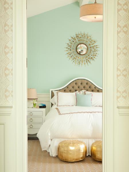 white jacqui nightstand gold poufs mint walls bedroom gold starburst mirror white and mint gold room
