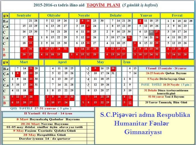 2015/2016-cı tədris ili üçün təqvim planı