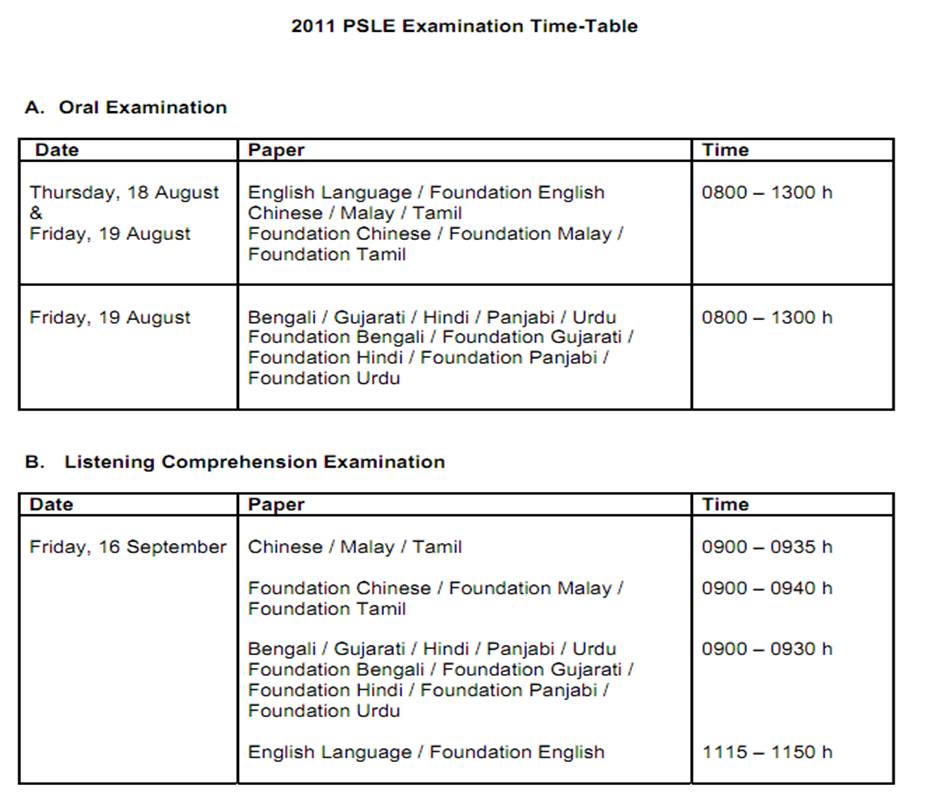 The Water Family Enrichment Centre: 2011 PSLE Timetable