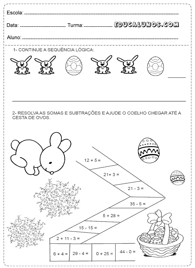 Resolva as somas e subtrações e ajude o coelho chegar até a cesta de ovos