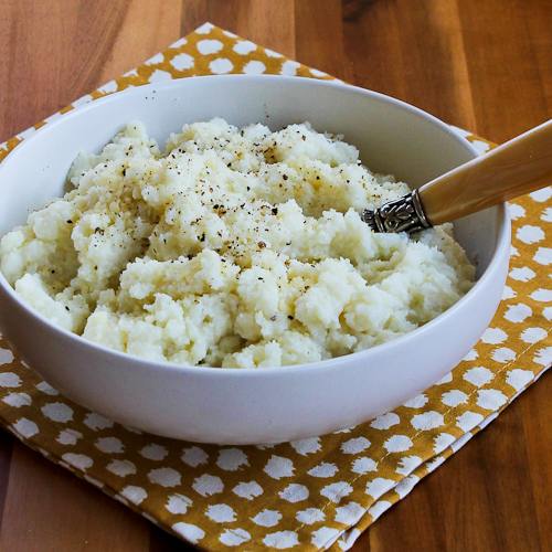 Pureed Cauliflower with Garlic, Parmesan, and Goat Cheese from Kalyn's Kitchen (and 10 more tasty ideas for special occasion cauliflower!) Pureed Cauliflower with Garlic, Parmesan, and Goat Cheese