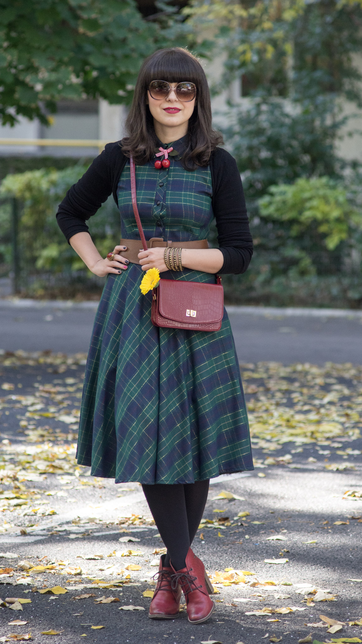 fall midi tartan dress burgundy boots bag koton brown belt cherries accessory yellow gerbera