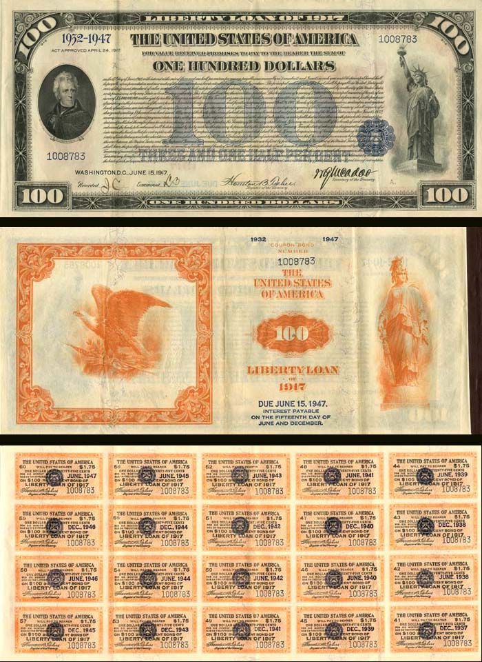 Collectible Old Stocks and Bonds 100 Dollar Liberty Loan Bond