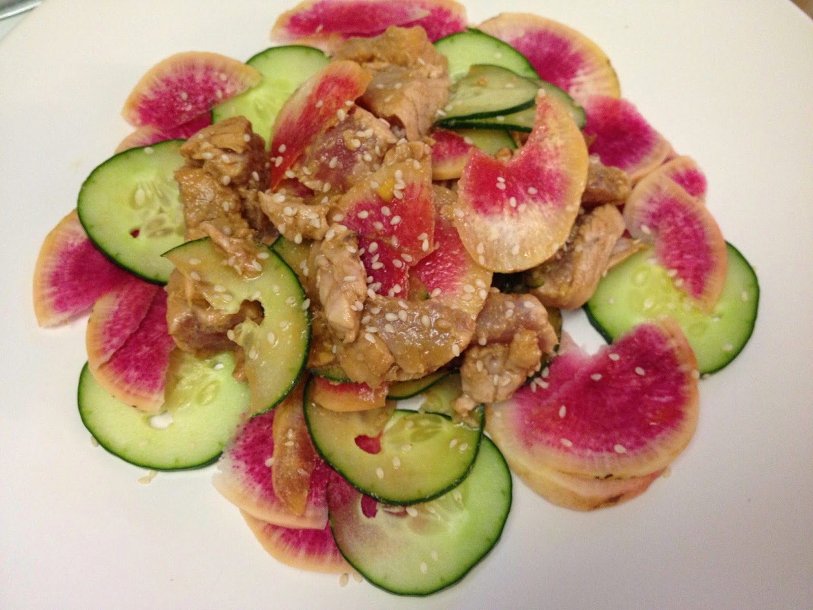 Avis Ahi tuna watermelon radish and cucumber salad (lemonade inspired)