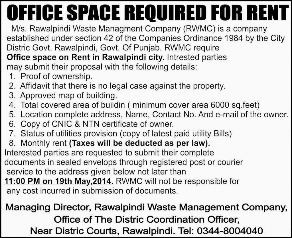 Real Estate Business OFFICE SPACE REQUIRED FOR RENT BY RAWALPINDI