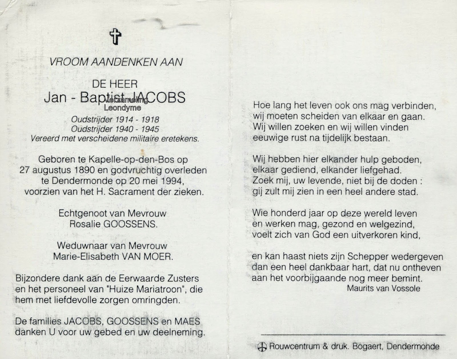Bidprentje, Jan-Baptist Jacobs 1890-1994. Verzameling Leondyme. Bidprentje, Jan-Baptist Jacobs 1890-1994. Verzameling Leondyme.