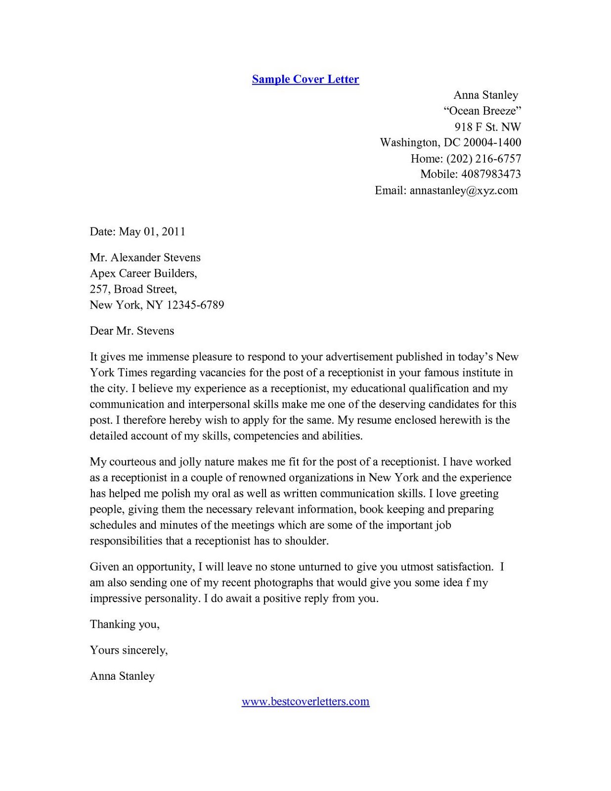 writing a formal cover letter