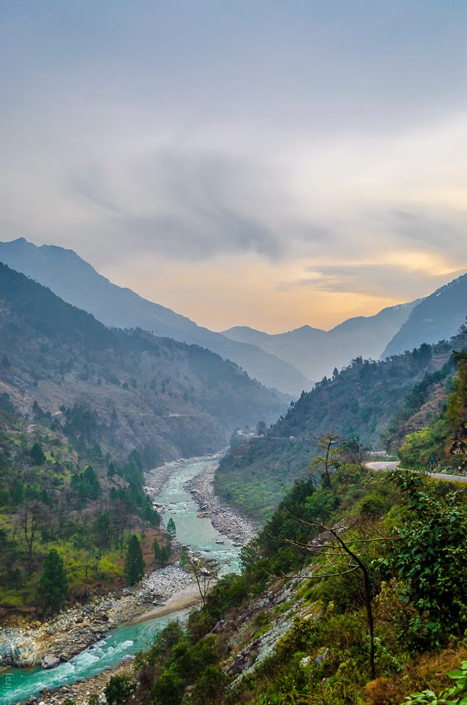 river alaknanda valley himalaya morning view rivers in himalayas, bike trip in himalaya