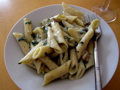 Spinach and Mushroom Pasta in creamy white sauce
